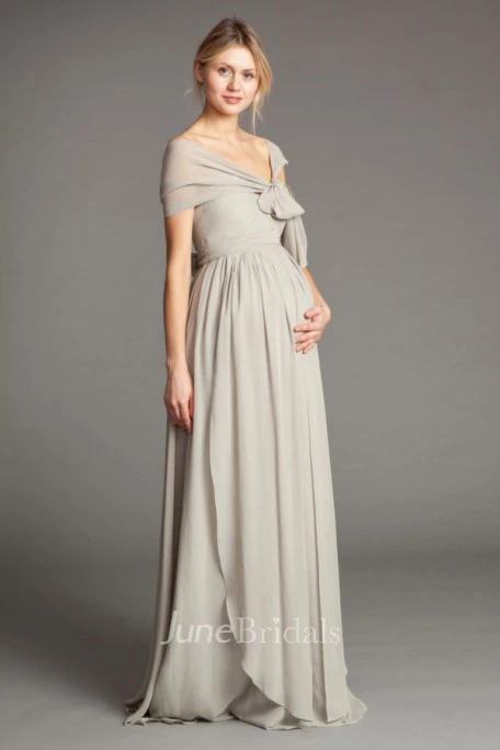 Cap Sleeve Bowed Empire V-Neck Chiffon Bridesmaid Dress With Draping