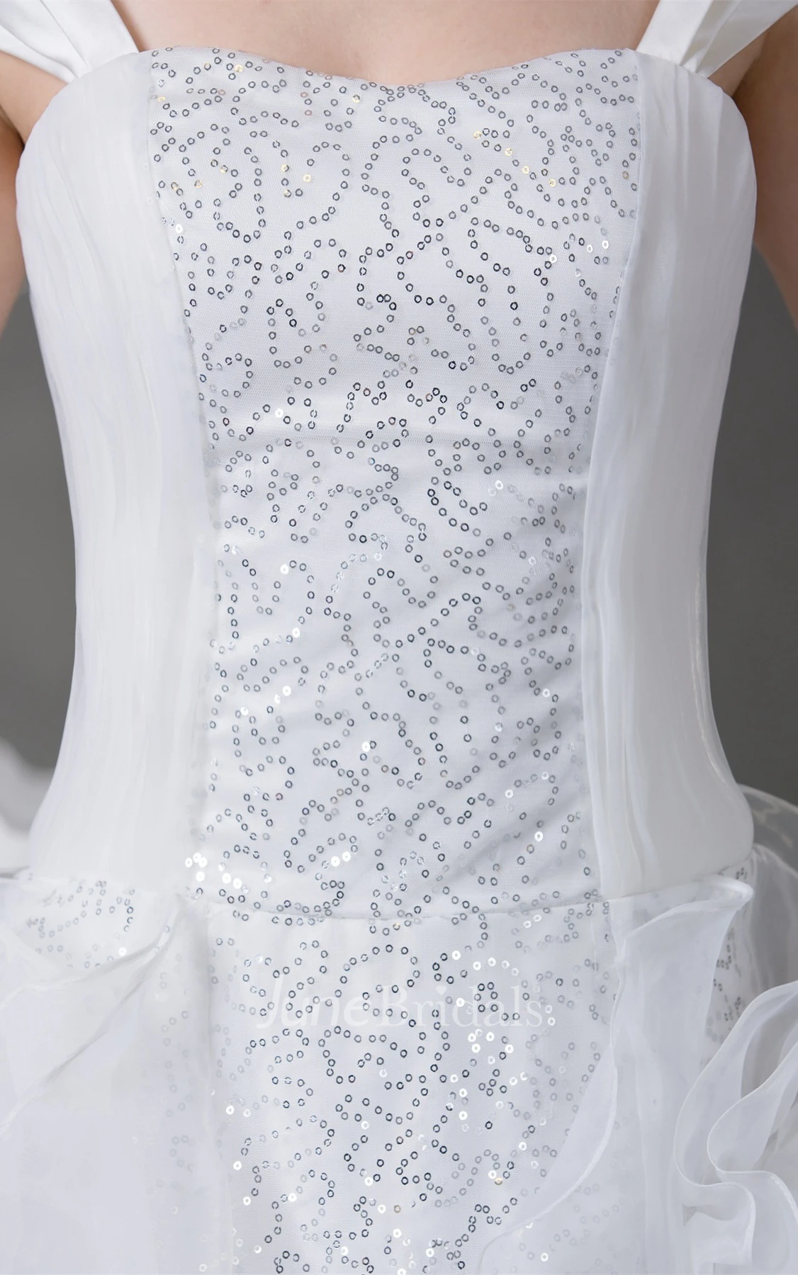 Caped-Sleeve Ruffled Ball Gown with Sequins and Flower