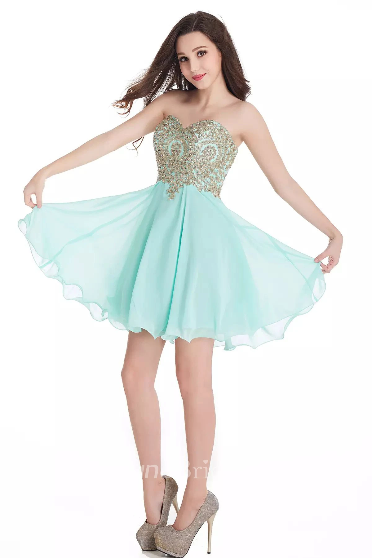 A-line Sweetheart Sleeveless Beading Lace Pleats Short Mini Chiffon Lace Homecoming Dress