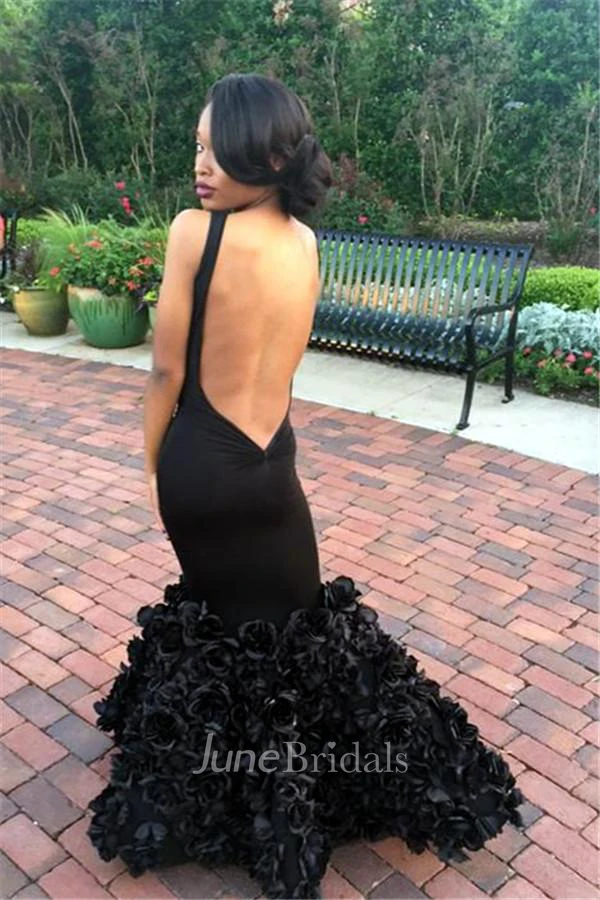 Sexy Black Sleeveless Mermaid Prom Dress Floor Length Flowers Party Gowns