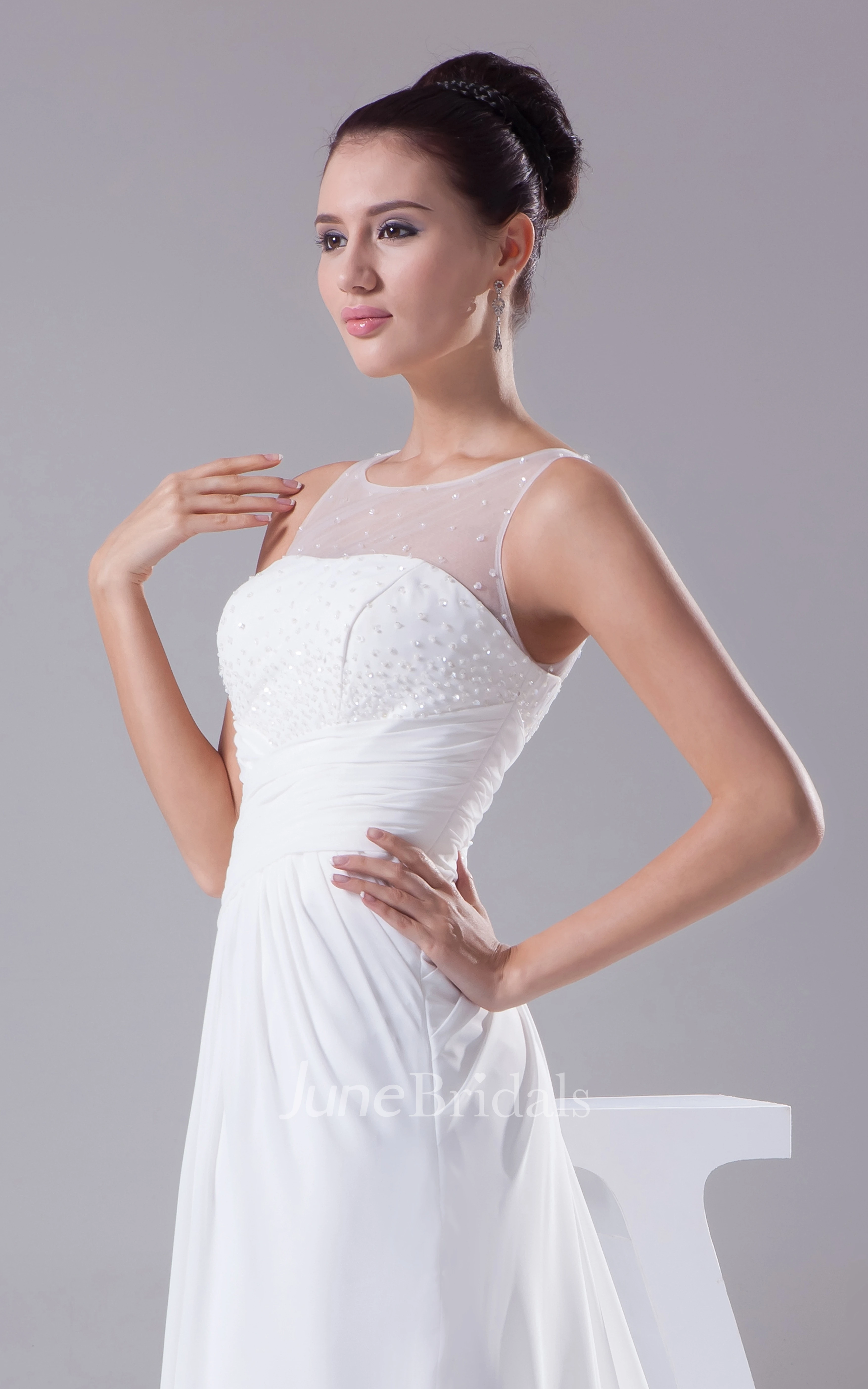 Illusion-Neck Criss-Cross Ruched Chiffon Dress With Beading