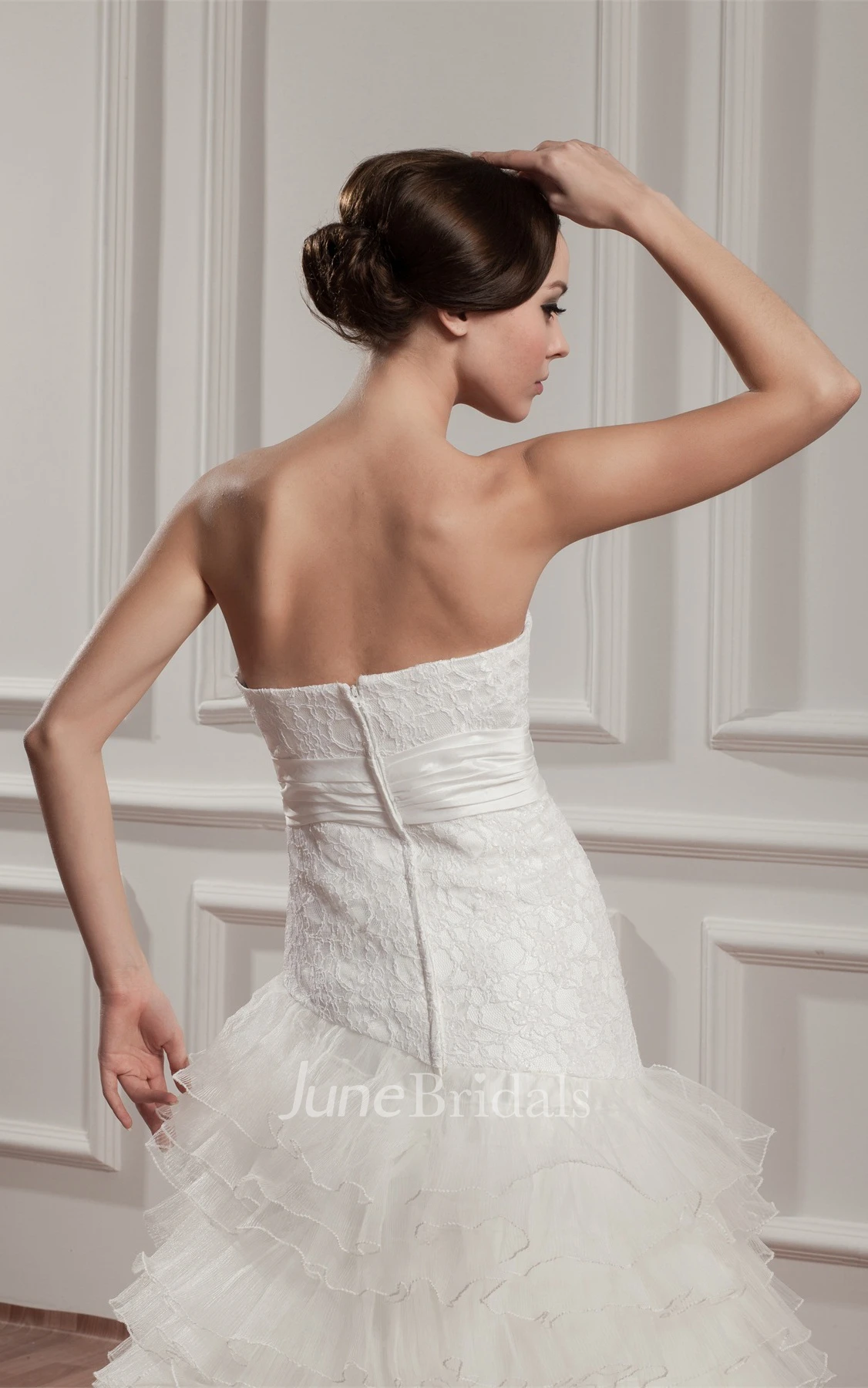Strapless Ruffled A-Line Gown with Bow and Tiers