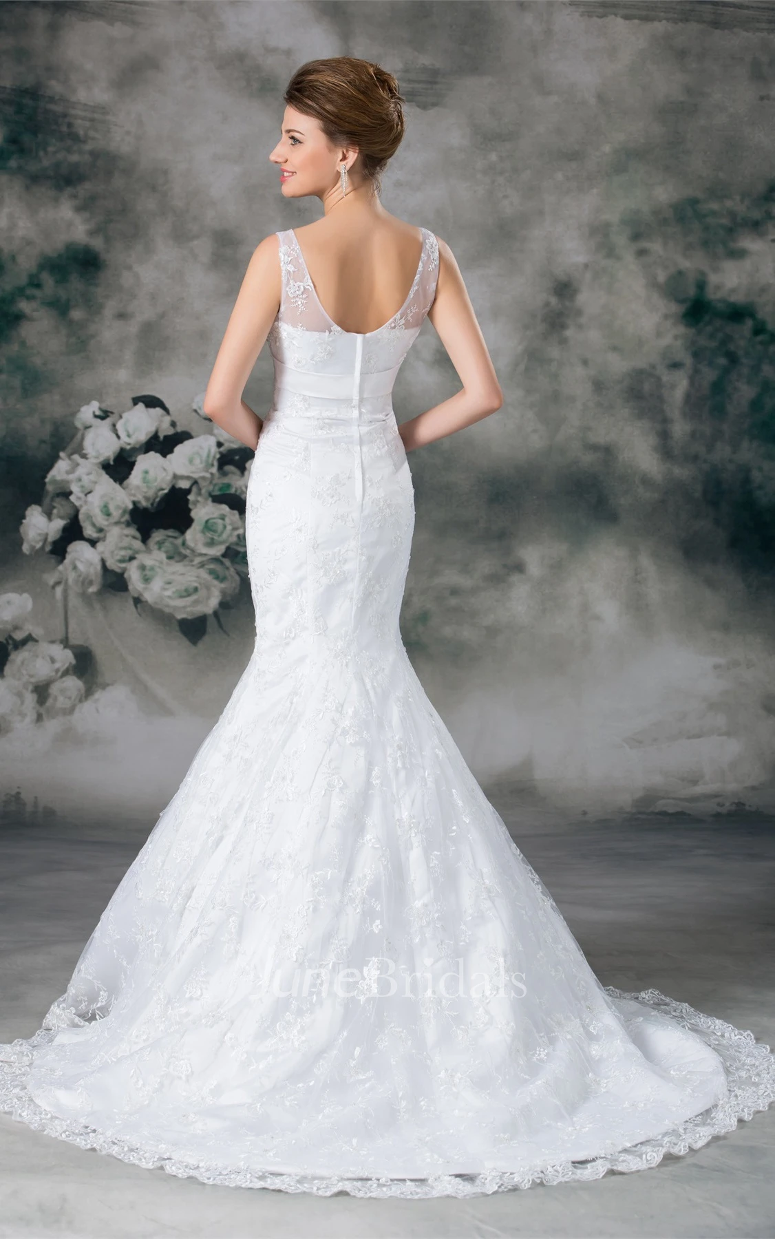 plunged mermaid sleeveless gown with low-v back and lace