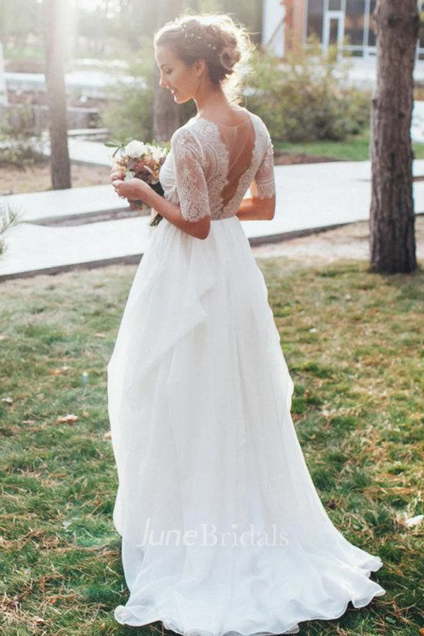 V-Neck Chiffon Satin Lace Wedding Dress