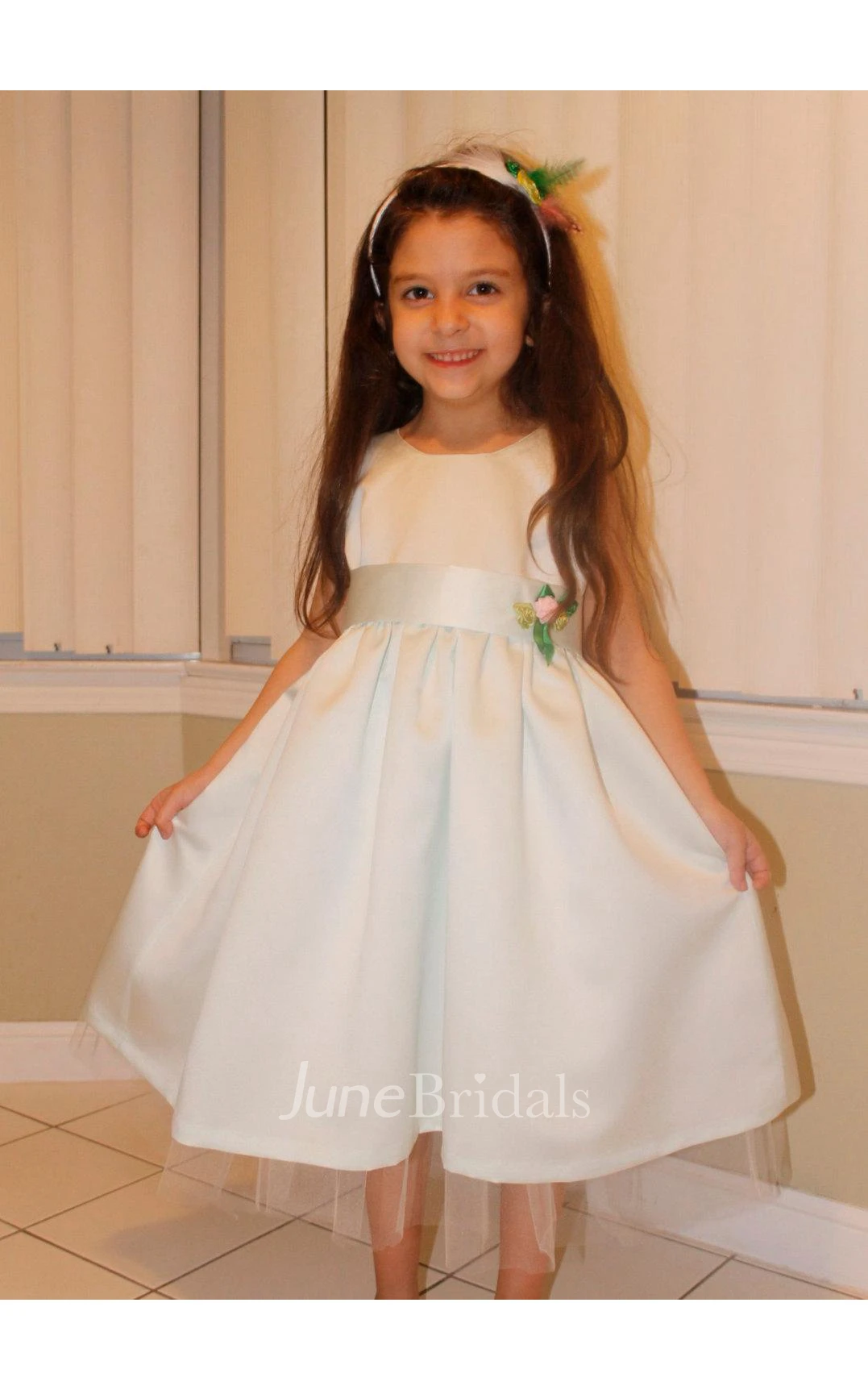 Sleeveless Jewel Neck Pleated Ankle-length Satin Dress With Handmade Flower Belt