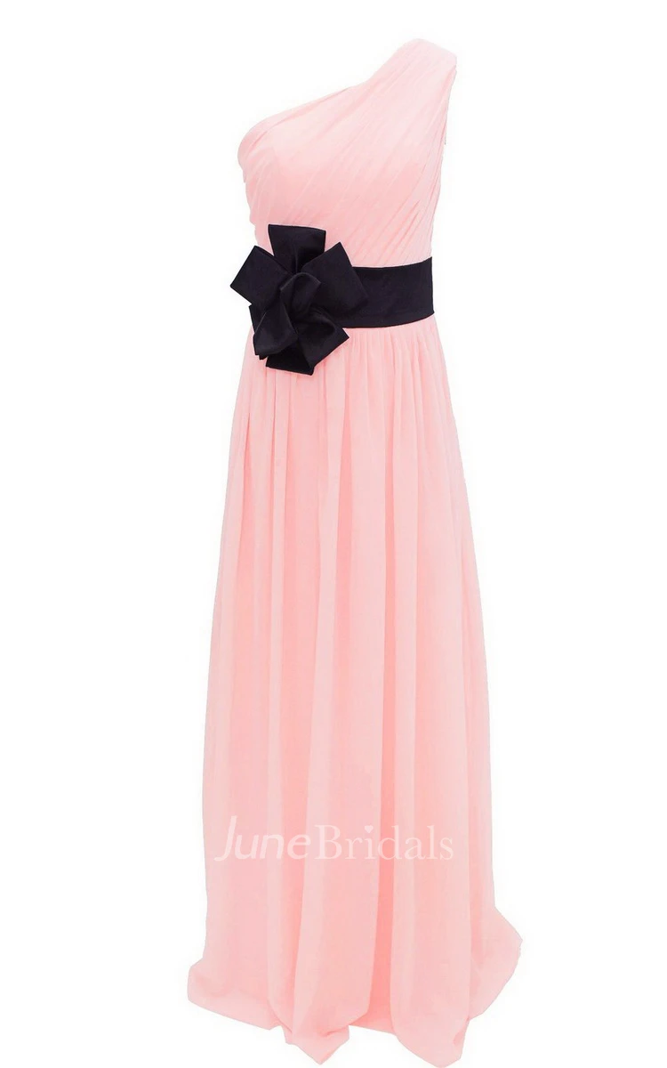 One-shoulder Pleated Chiffon A-line Gown With Floral Band