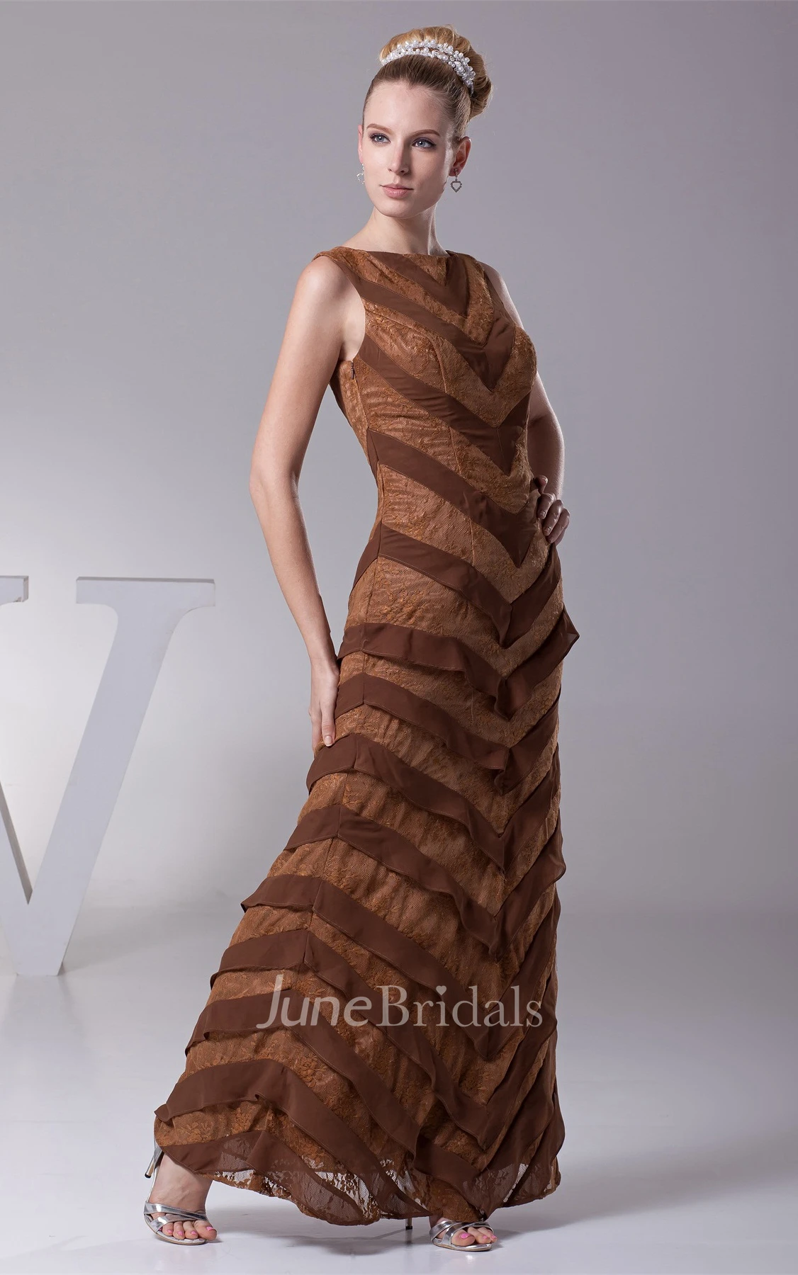 Bateau Sleeveless Tiered Chiffon Sheath Gown with Lace Embroidery