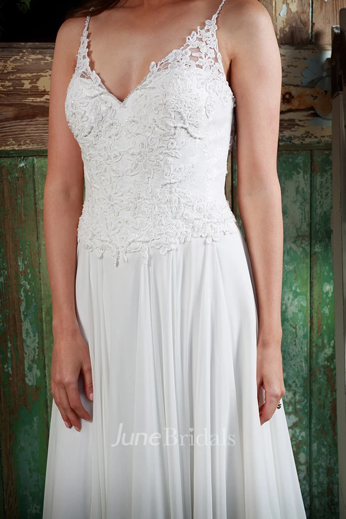 Pleated Spaghetti Long Chiffon Wedding Dress With Appliques And Illusion