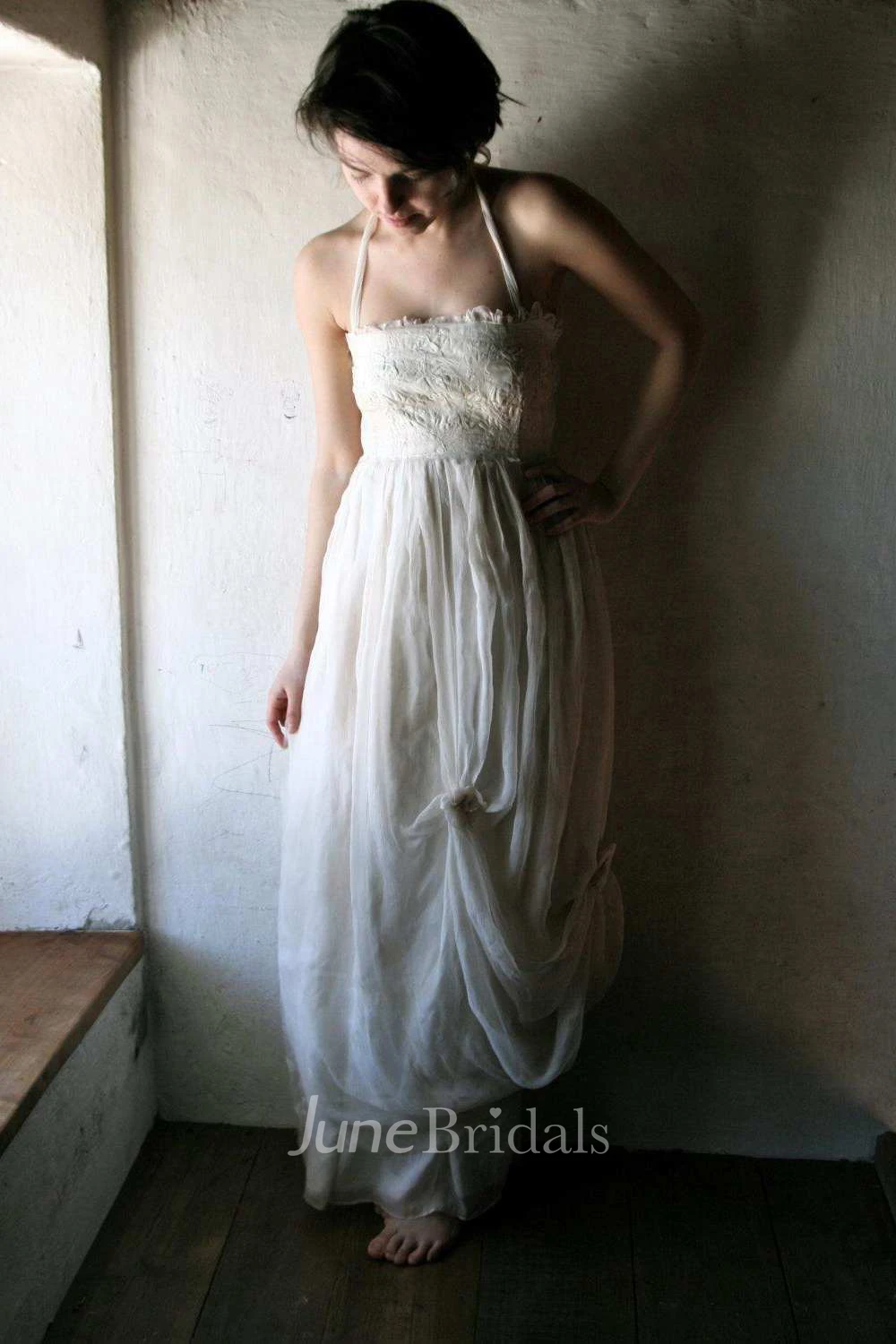 Haltered Pick Up Draped Floor-Length Dress With Lace