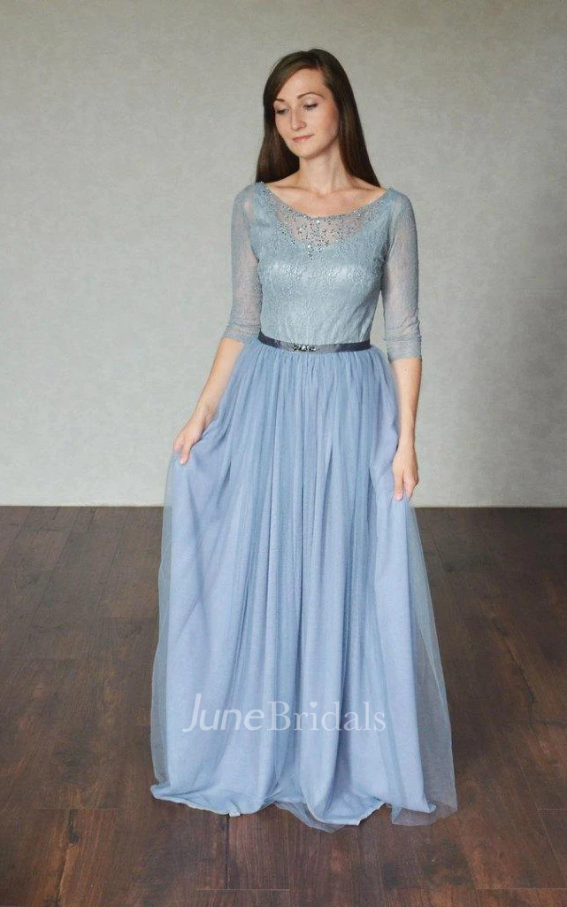 Half Sleeve Tulle Floor-Length Dress With Beading And Pleats