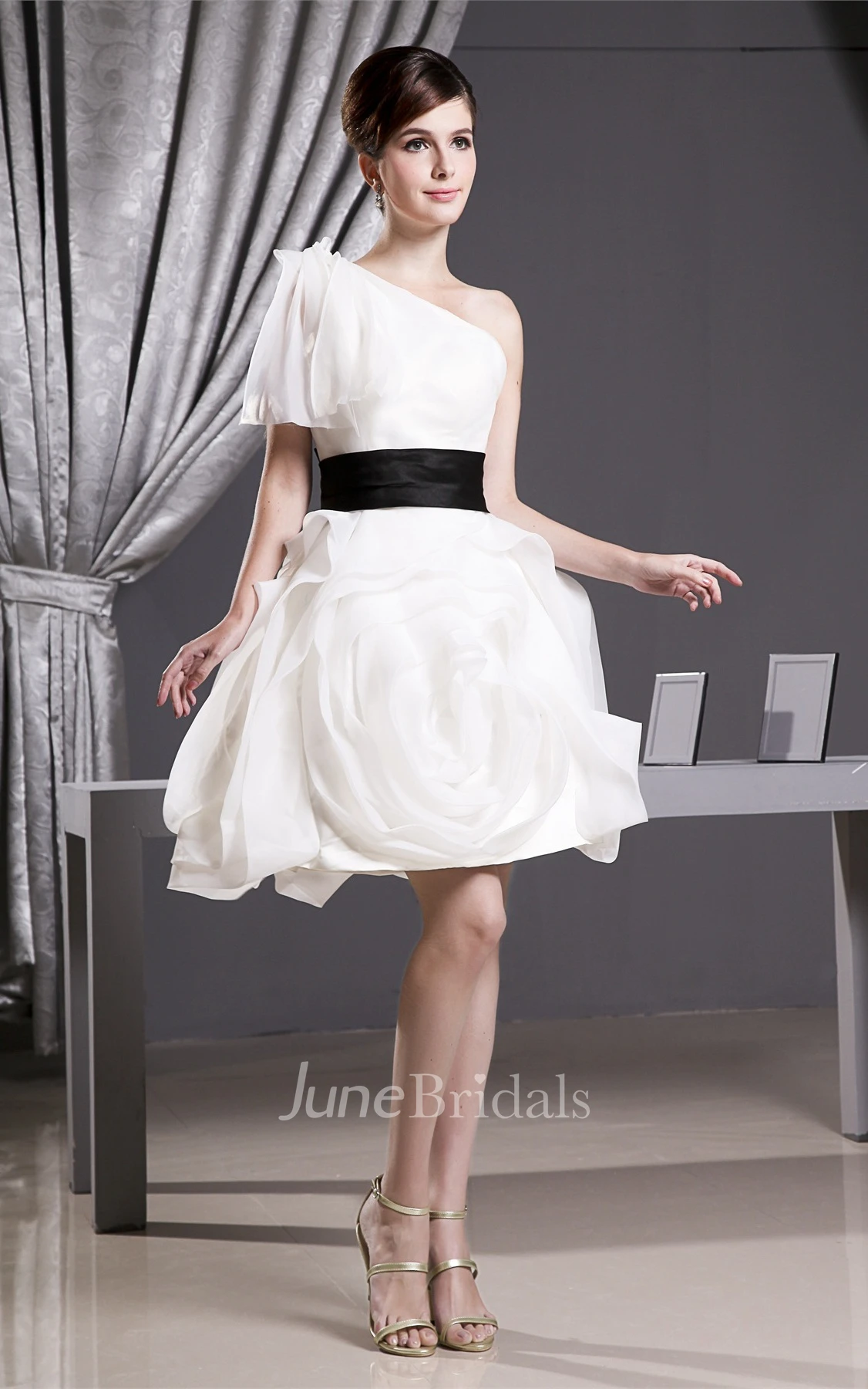 One-Shoulder A-Line Mini Dress with Floral Skirt