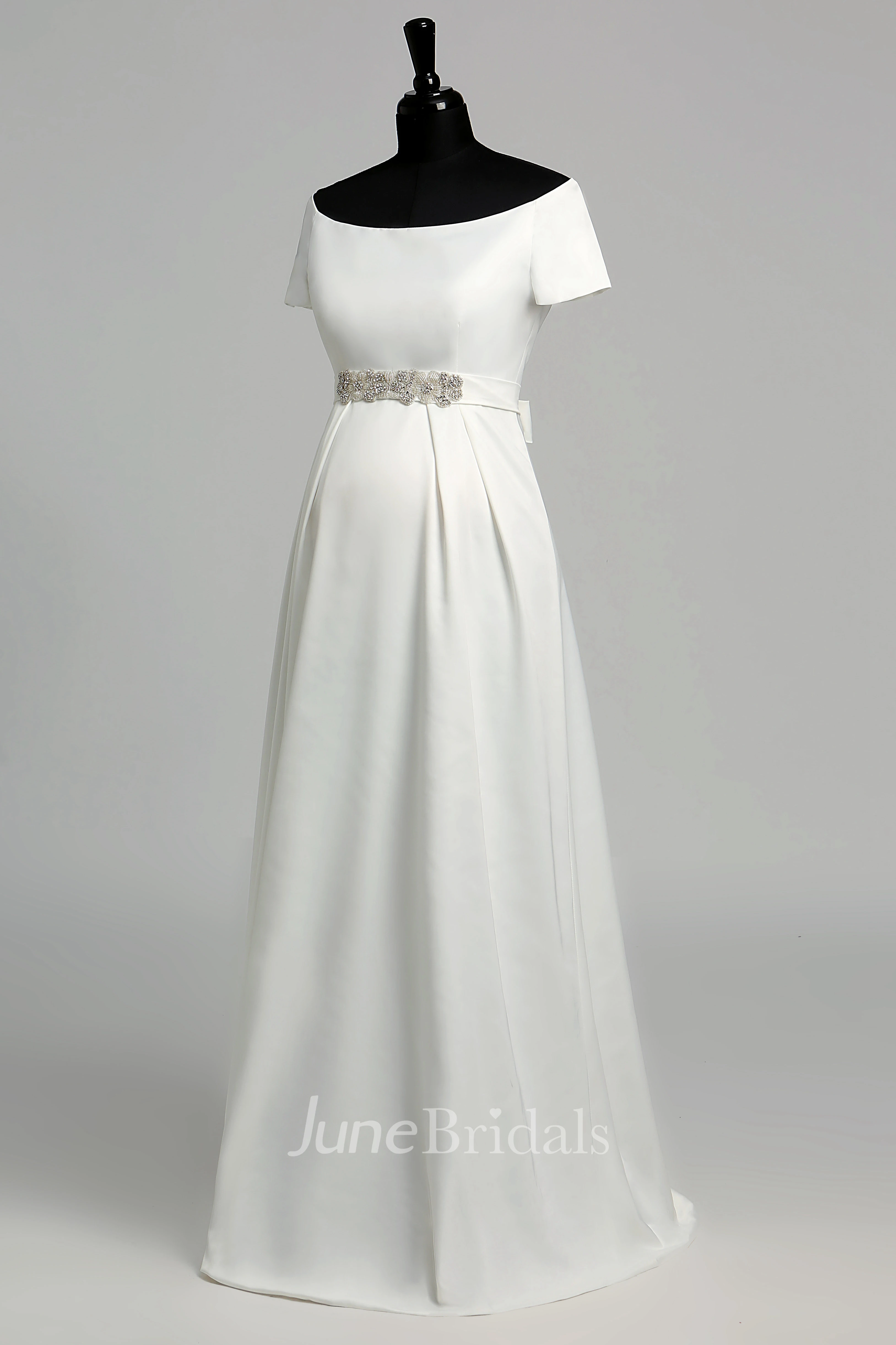 Graceful Off-the-shoulder A-line Beaded Satin Maternity Wedding Dress