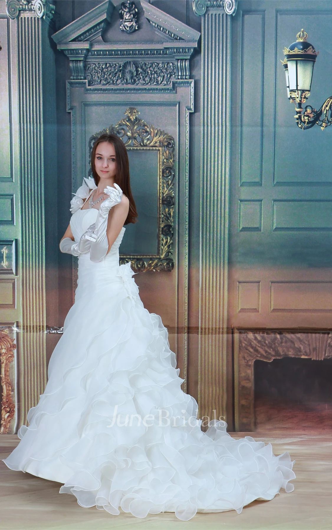 Sleeveless Ruched A-Line Dress with Flower and Ruffles