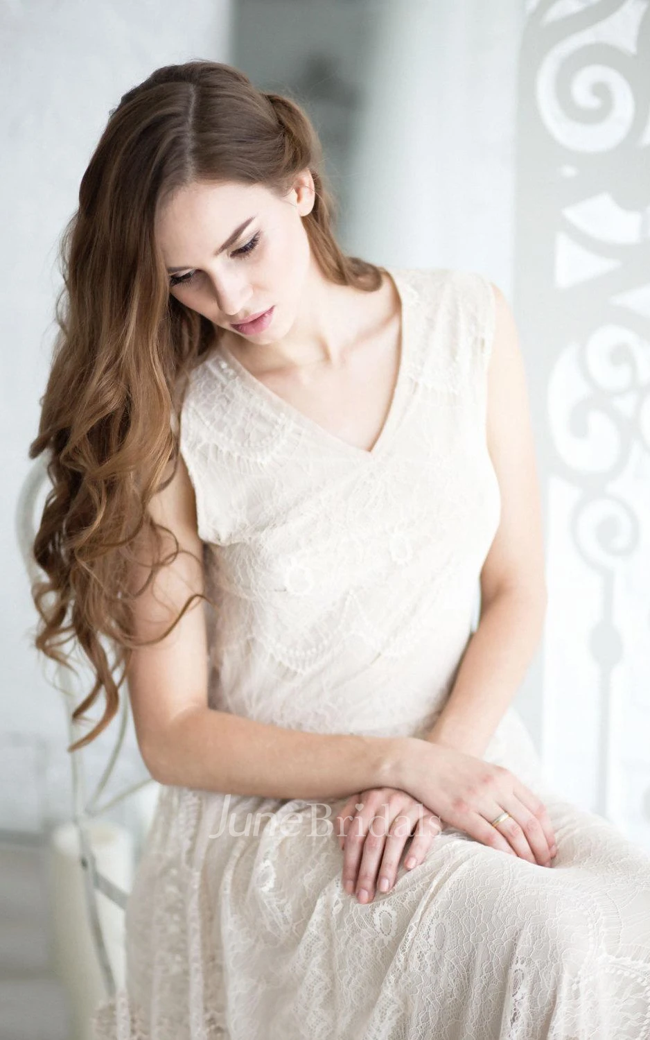 V-Neck Lace Weddig Dress With Appliques And Keyhole Back