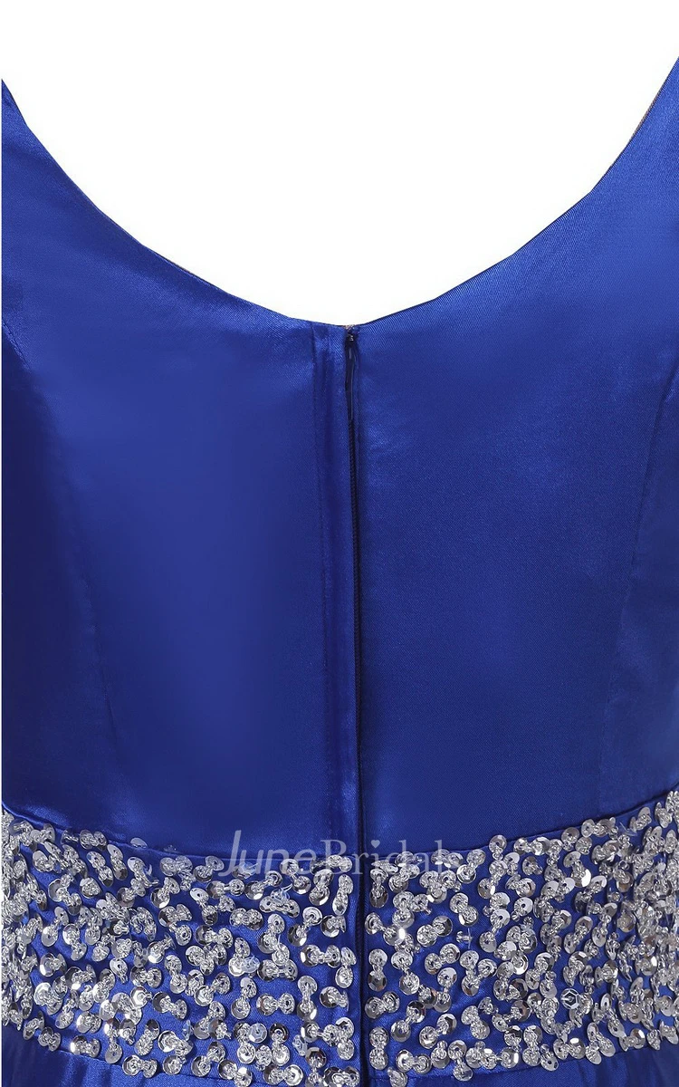 Sleeveless Pleated Satin Dress With Beading Belt and Trim