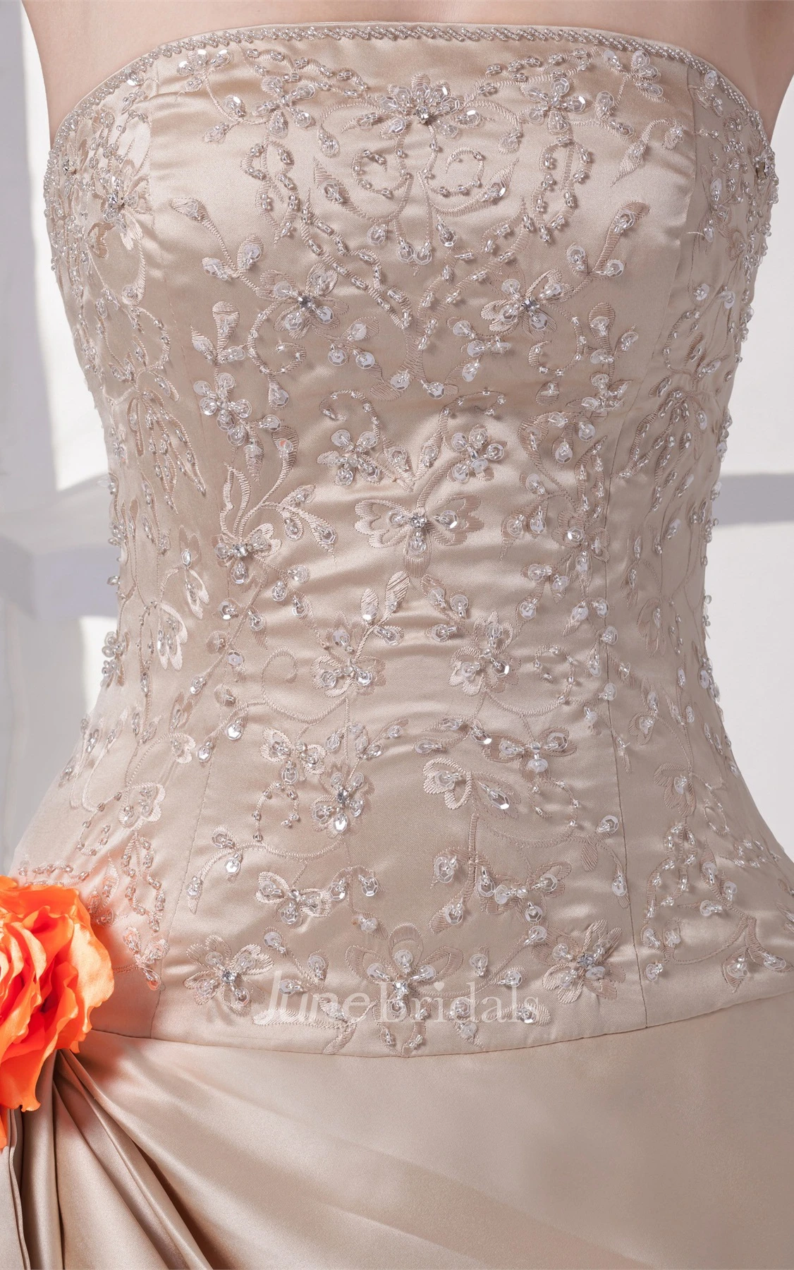 Strapless Side Draping A-Line Bodice Gown with Flower and Beading Embellishment