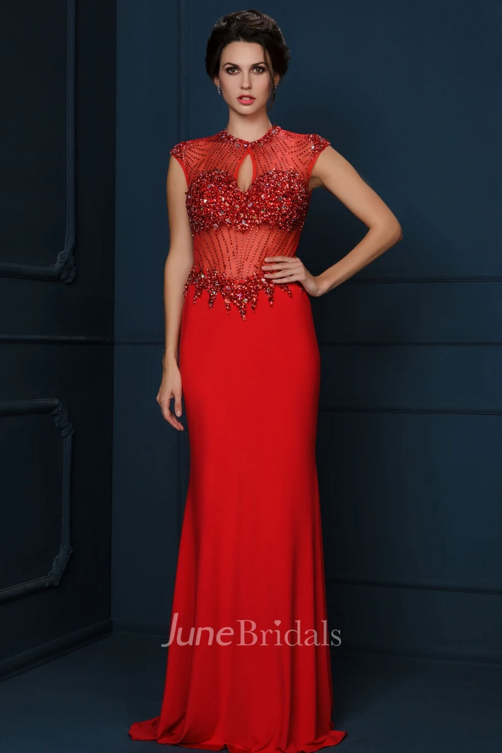 Sheath Floor-Length Crystal Cap-Sleeve Jewel-Neck Jersey Evening Dress