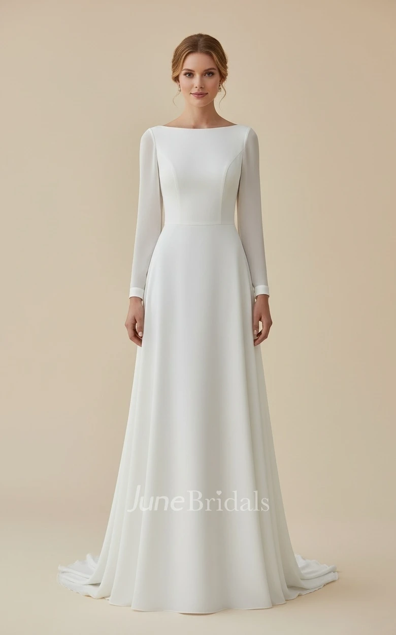 Modest Long Sleeve Jewel Neck Wedding Dress Simple A-Line Chiffon Bridal Gown