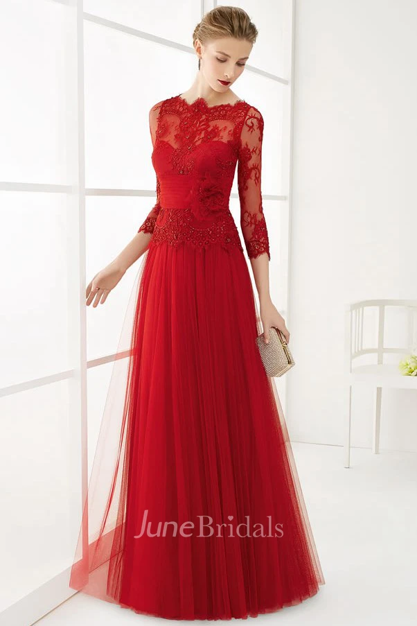 A-Line Long Appliqued 3-4-Sleeve Jewel-Neck Tulle Prom Dress With Flower