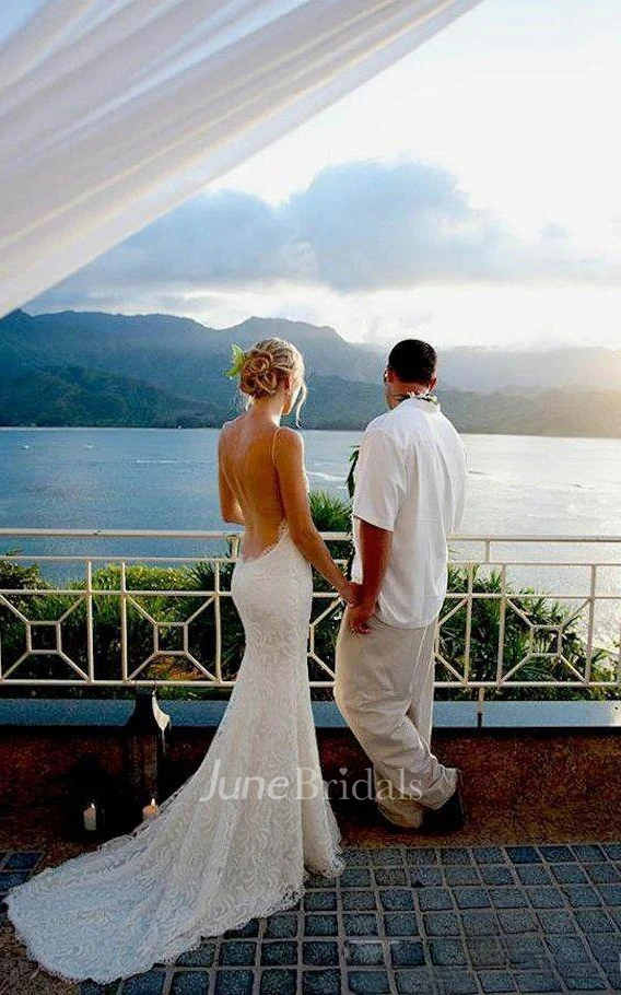 Spaghetti Straps Sleeveless Backless Lace Dress With Court Train