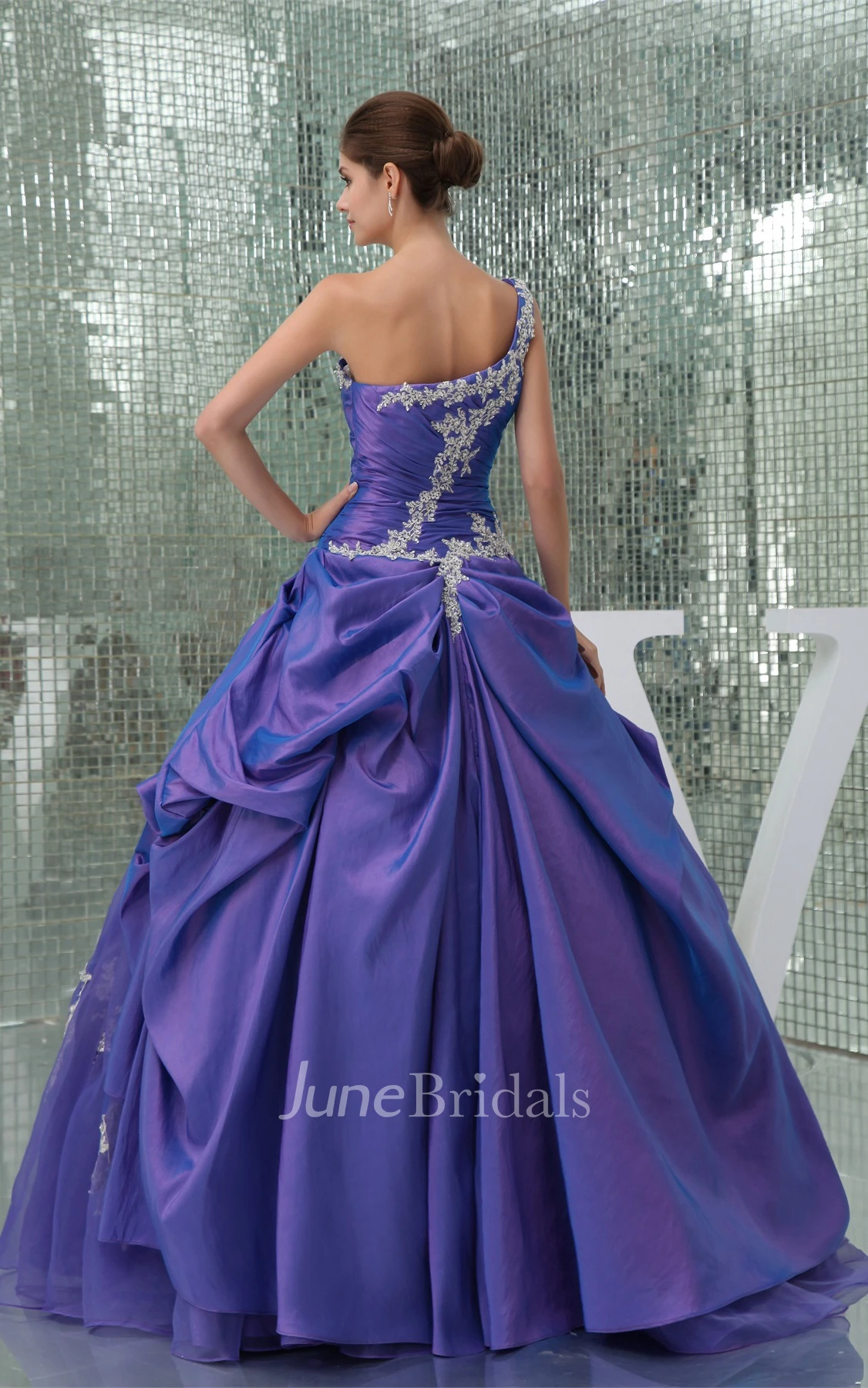 One-Shoulder Ruched Pick-Up Ball Gown with Appliques