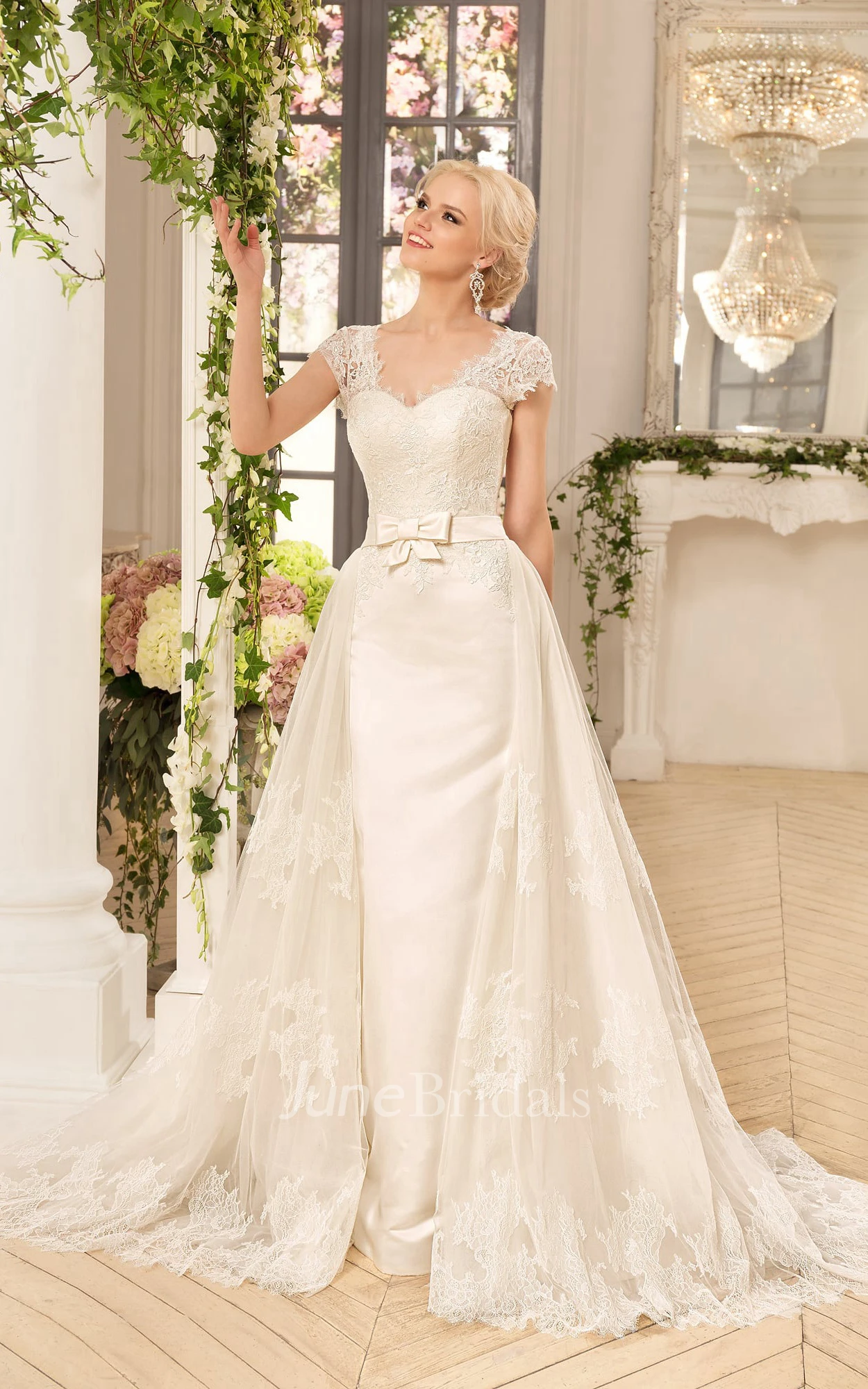 A-Line Floor-Length V-Neck Illusion-Sleeve Corset-Back Lace Dress With  Appliques