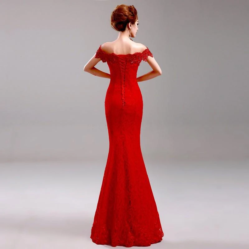 Sexy Red Off the Shoulder Mermaid Prom Dress With Lace Beadings