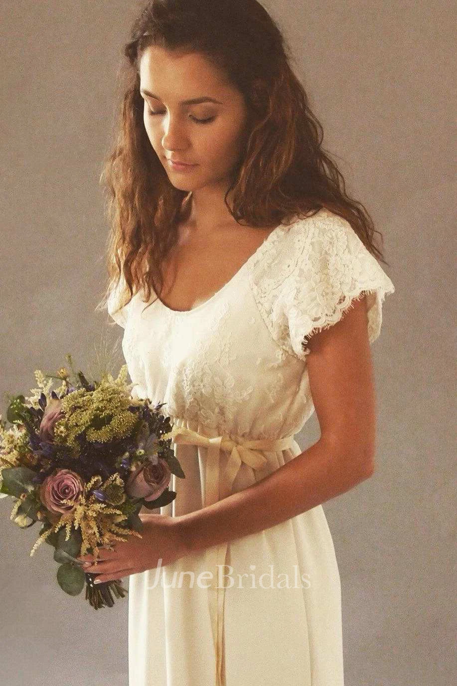 V-Neck Short Sleeve Chiffon Wedding Dress With Lace And Bow