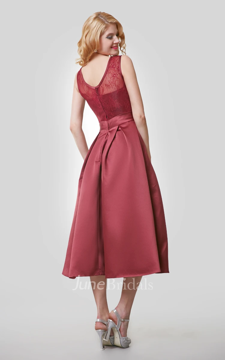 Tea Length A-Line Satin Dress With Lace Bodice and Scoop Neck