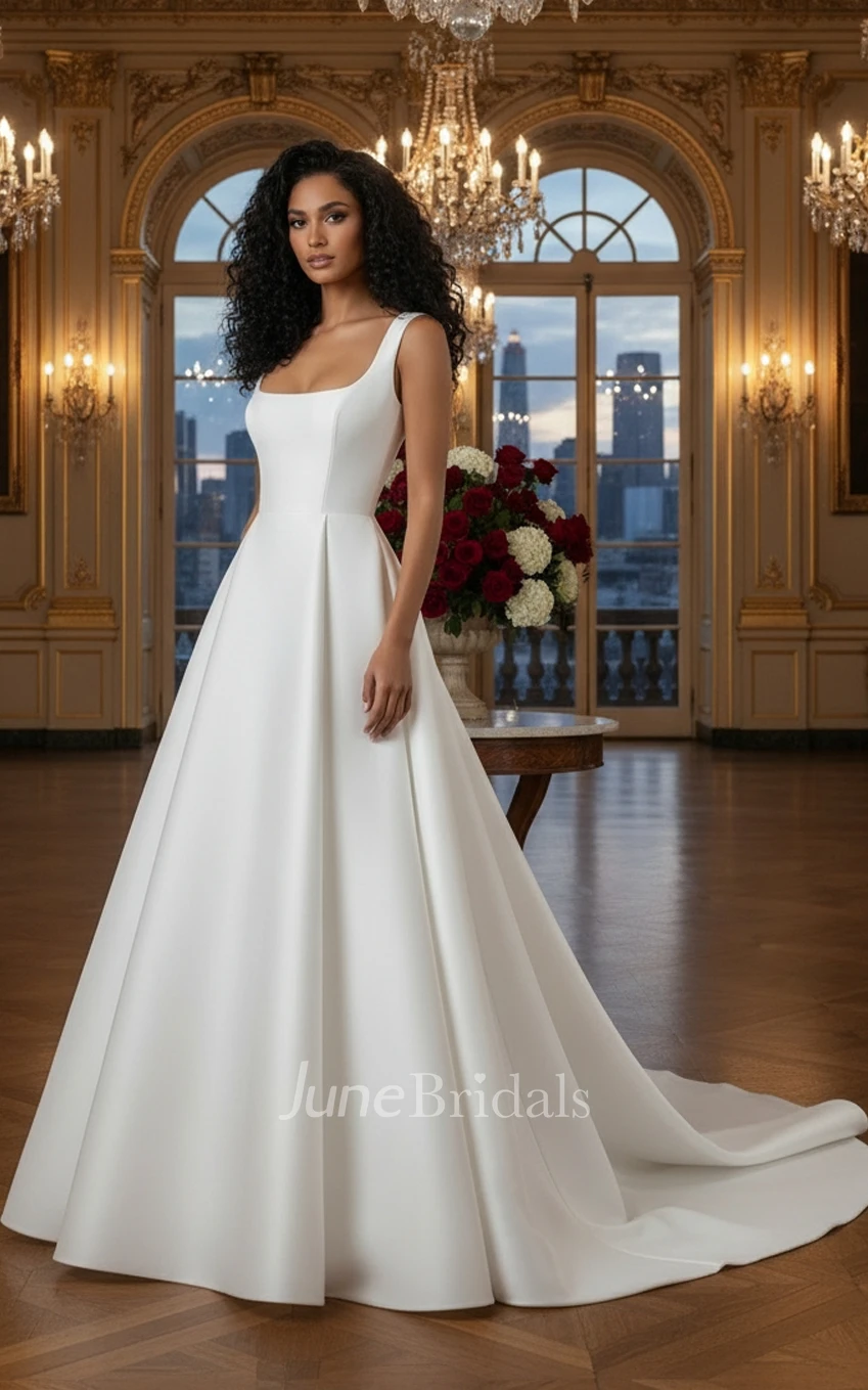 Minimalist Square Neck Wedding Dress Sleeveless A-Line Satin Bridal Gown