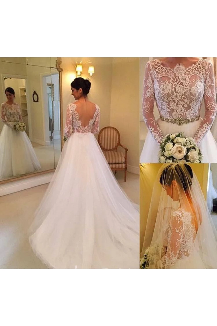 Elegant Illusion Long Sleeve Tulle Wedding Dress With Lace Beadings