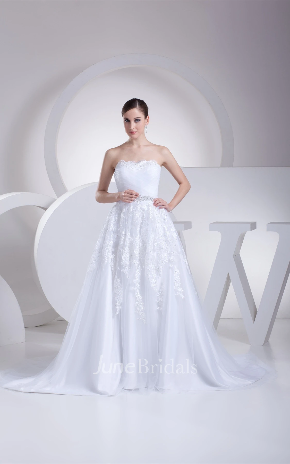 Strapless Ruched A-Line Gown with Appliques and Gemmed Waist