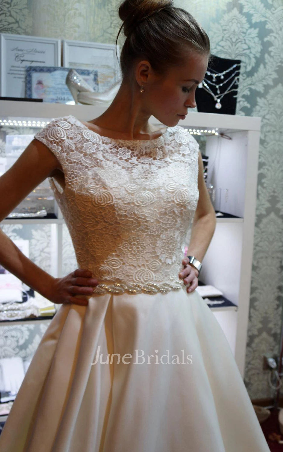 A-Line Scoop Neck Satin Dress With Lace And Deep-V Back