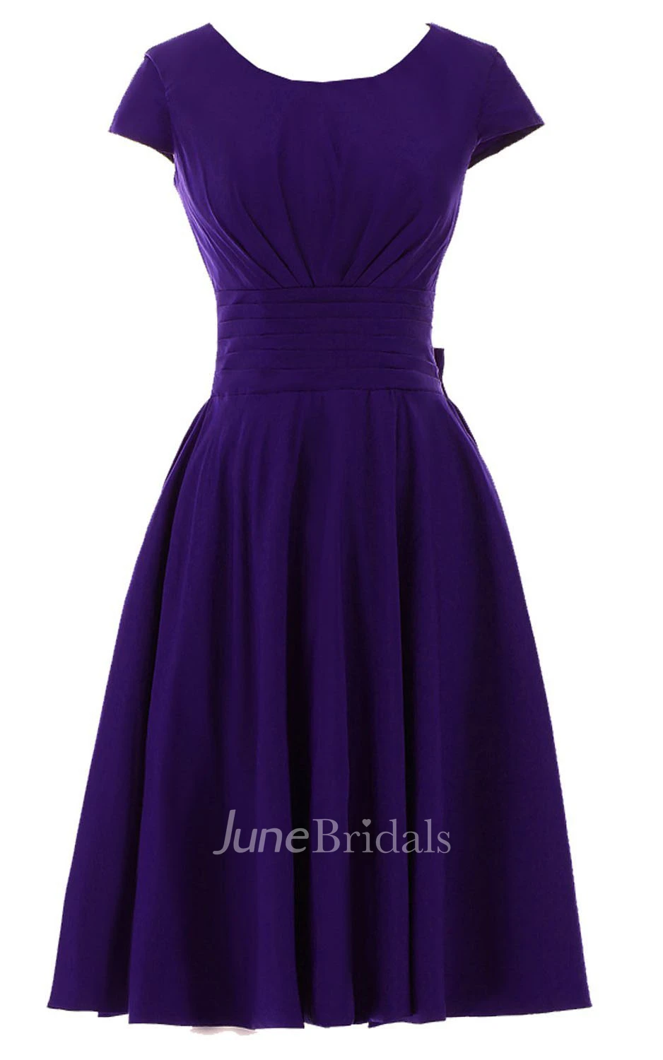 Short Sleeve Knee-length Pleated Chiffon Dress With Bowknot