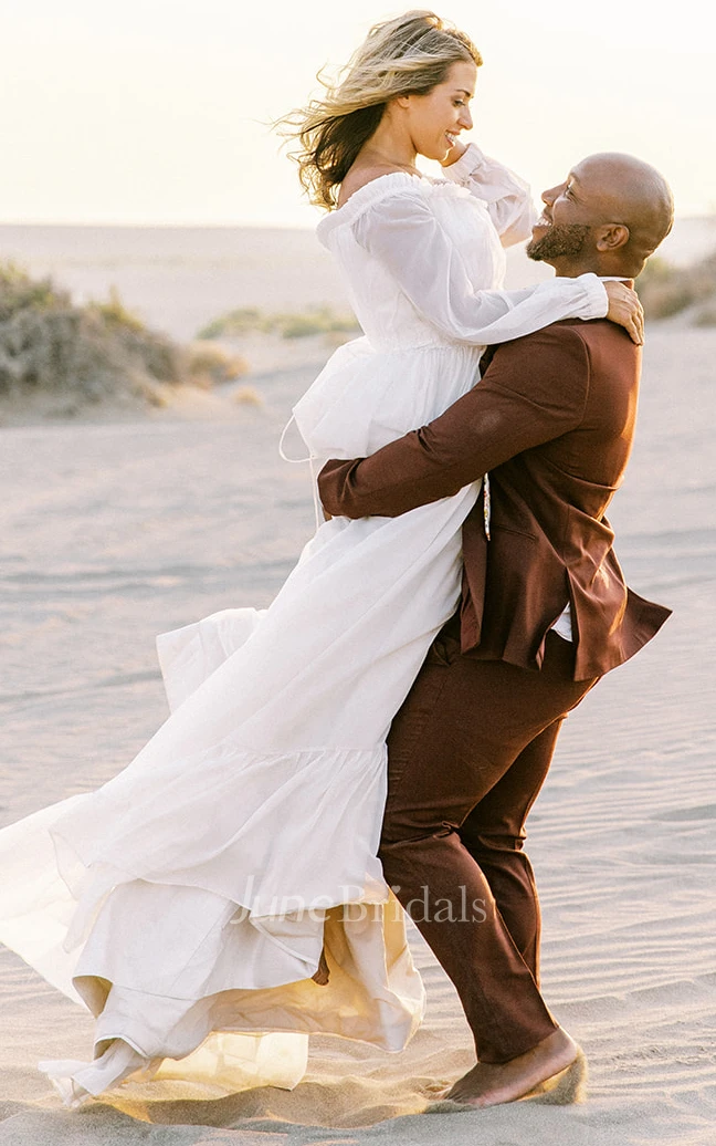 3/4 Off-shoulder Sleeves Sweetheart Elegant Chiffon Wedding Dress with Appliques