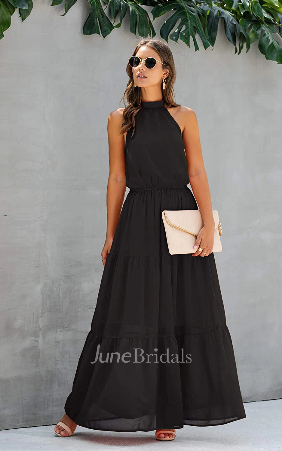 A Line Halter Chiffon Sleeveless Prom Dress With Ruffles