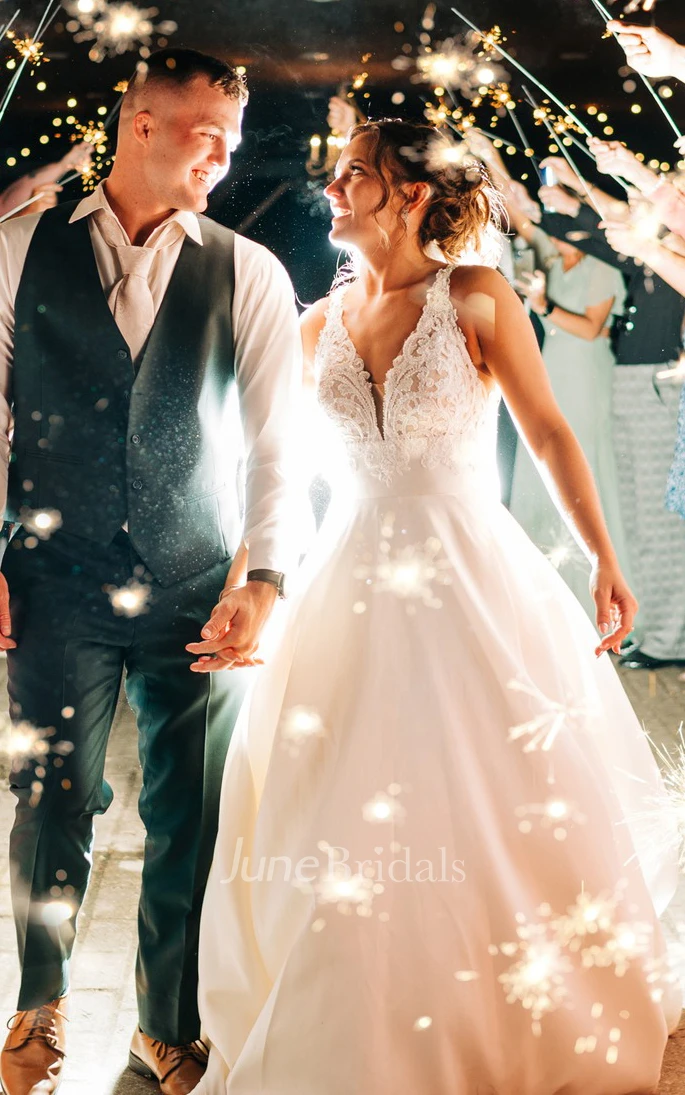 Romantic Satin V-neck A-Line Spring Wedding Dress With Low-V Back And Appliques