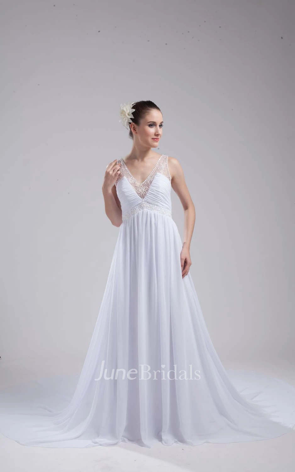 Fairy V-Neck Sleeveless Chiffon Dress With Beading and Pleats