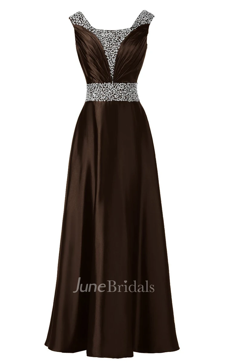 Sleeveless Pleated Satin Dress With Beading Belt and Trim