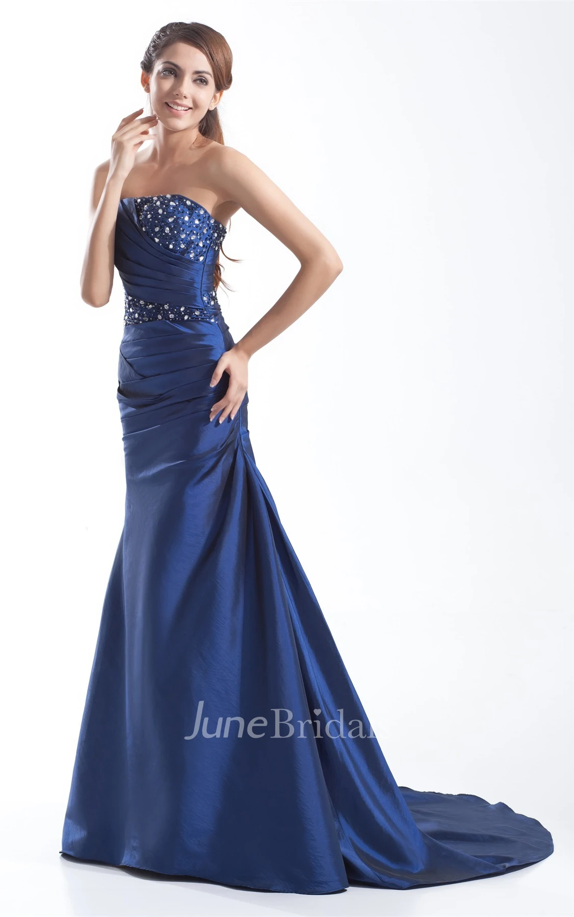 strapless satin a-line ruched gown with corset back and beading