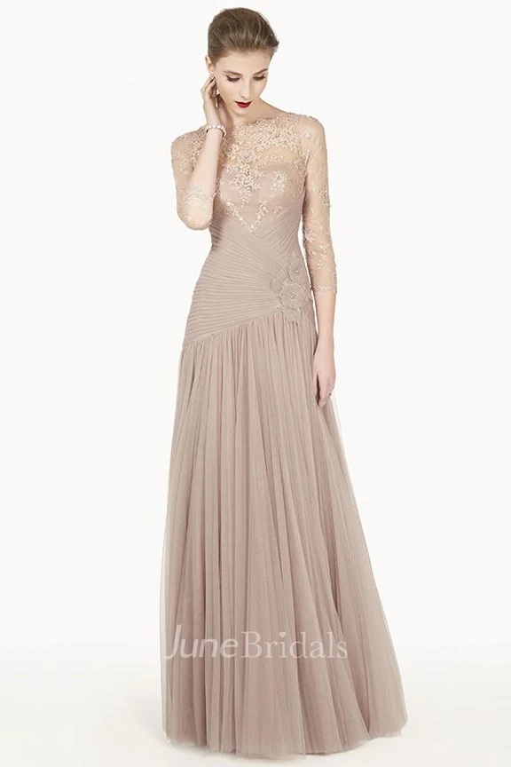 Lace Top Tulle Long Prom Dress with Illusion Back and 3-4 Sleeve