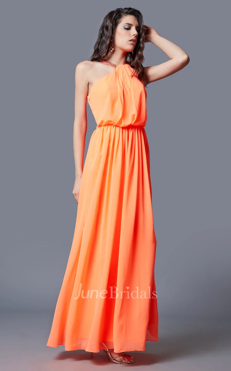 A-line Sleeveless Pleated Chiffon Gown With Beaded Detail Neckline