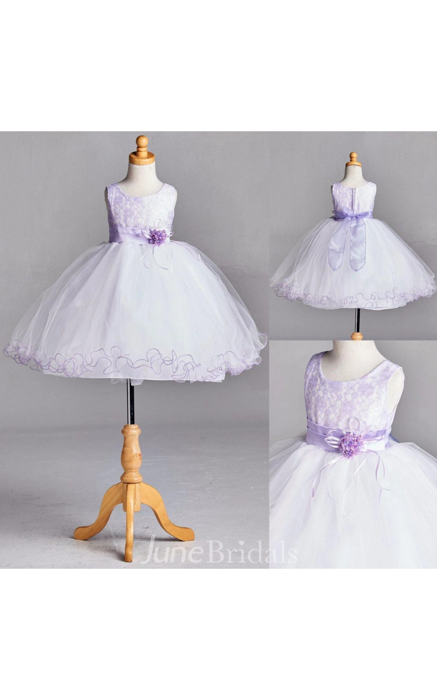 Sleeveless Scoop Neck Curling Tulle Skirt With Lace Overlay Top