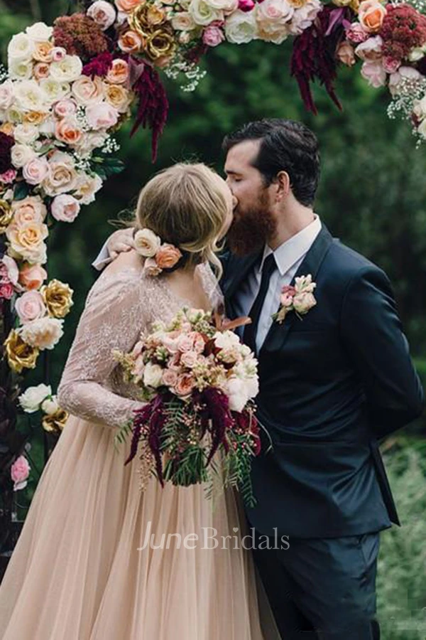 Elegant Modest Pink Plus Size Blush Long Sleeves A Line Tulle Lace Bling Sequins V Neck Bridal Gown