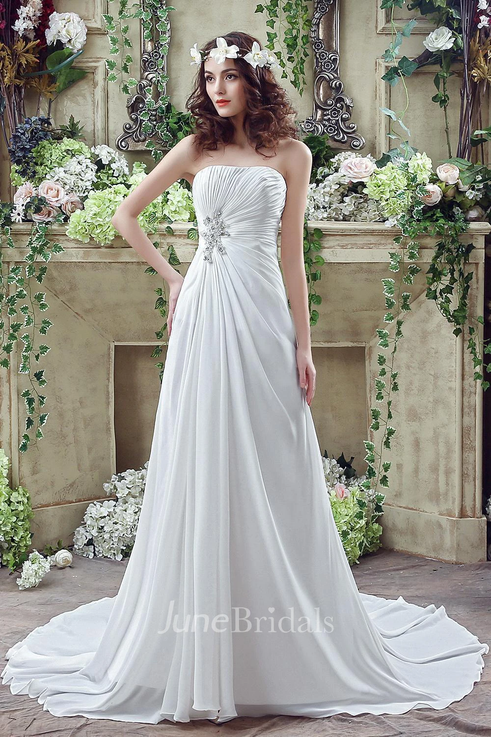 Newest Strapless White Beadings Wedding Dress A-line Sweep Train