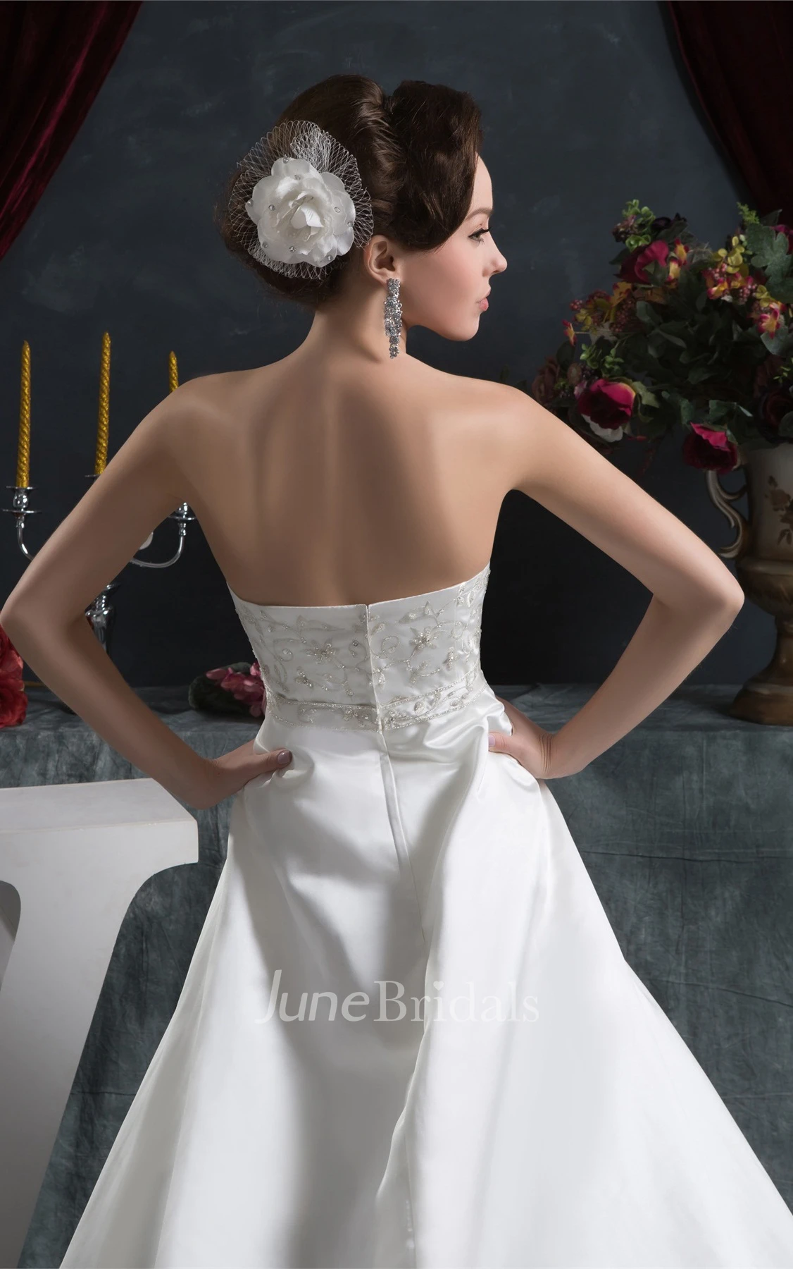Strapless Satin A-Line Gown with Embroideries and Bow