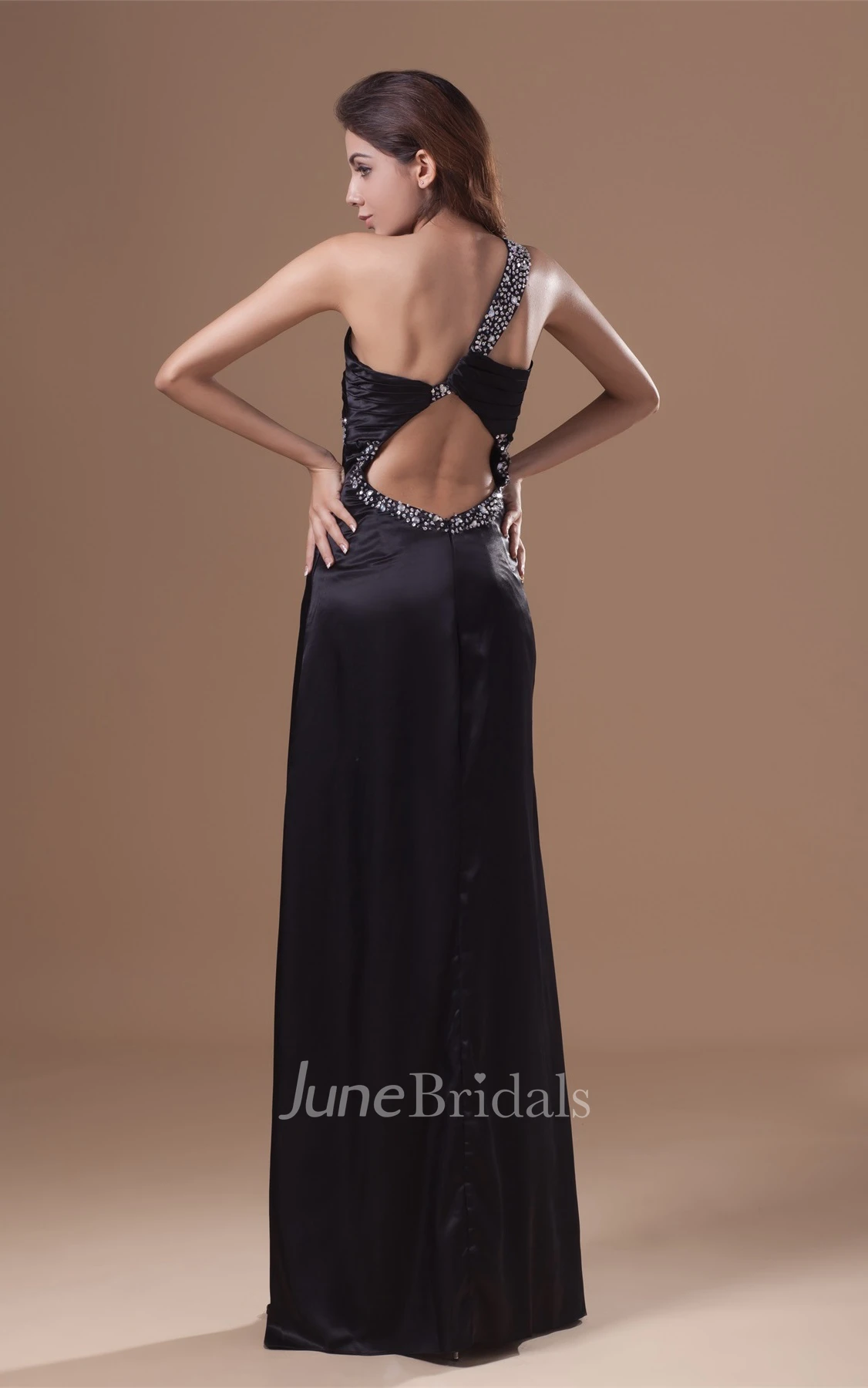 satin maxi single-strap dress with keyhole back and beading