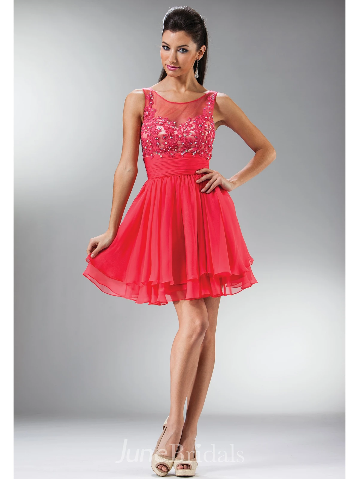 A-Line Short Bateau Sleeveless Chiffon Dress With Appliques And Tiers