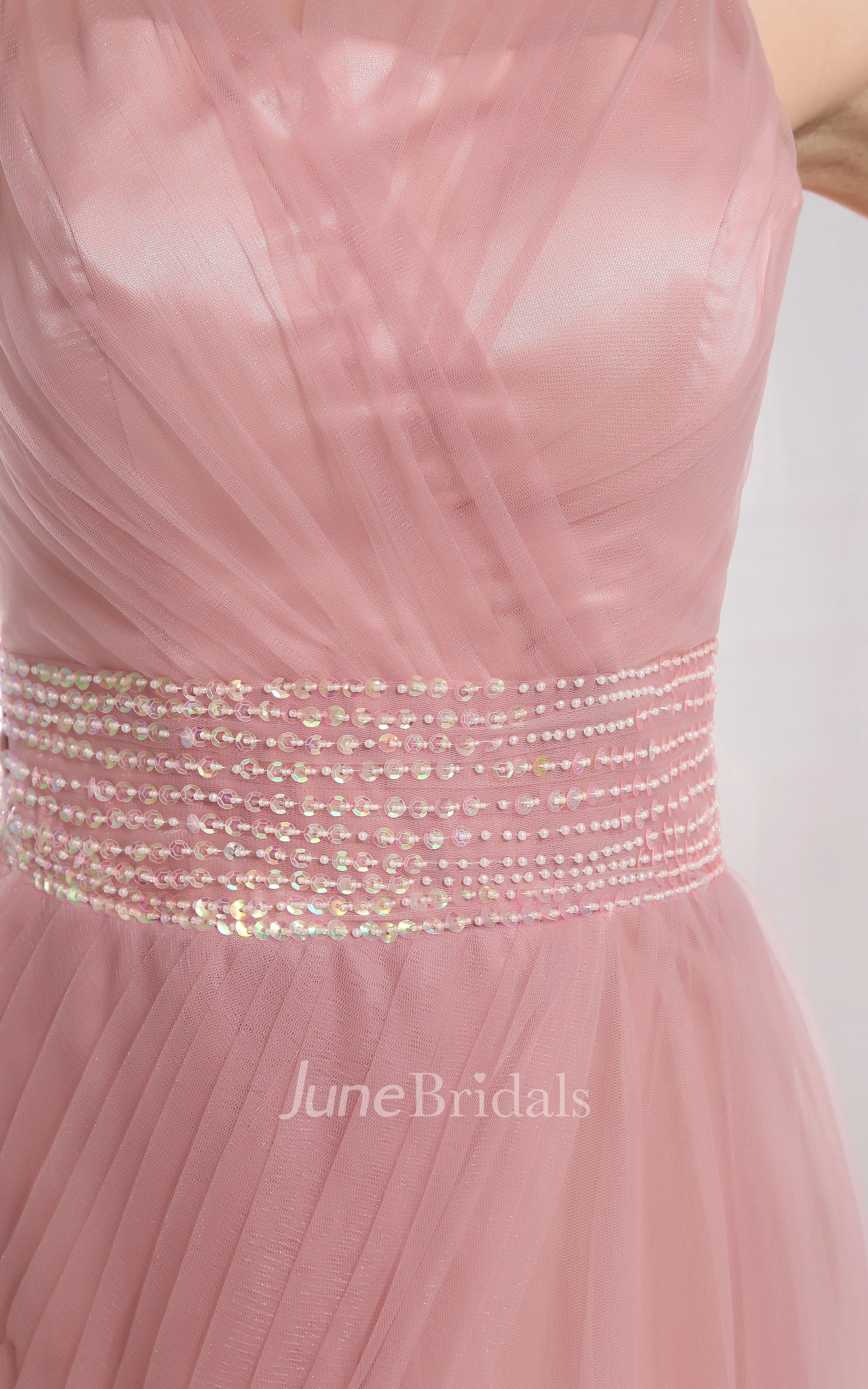 Bateau-Neck Sleeveless Dress With Tulle Overlay and Beaded Waist