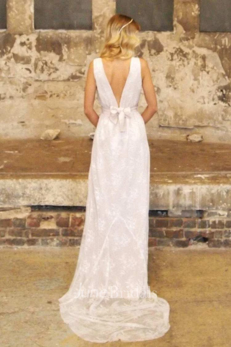 V-Neck Satin Bowed Sash Ribbon Lace Backless Wedding Dress